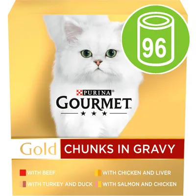 Gold Chunks in Gravy, 96 cans. Flavours: with beef, chicken and liver, turkey and duck, salmon and chicken.