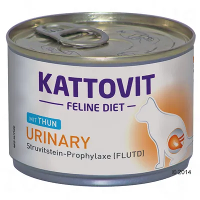 Konzerva Kattovit Feline Diet Urinary mit Thun, Struvitstein-Prophylaxe (FLUTD), ilustrace kočky s oranžovým zvýrazněním v oblasti močového měchýře.