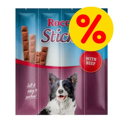 Product packaging showing stick-shaped treats, text reads 'with beef' and 'soft & easy to portion', with a percentage discount symbol in the corner.