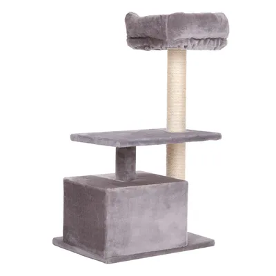 Grijze krabpaal met pluche bekleding, sisal krabstam, twee plateaus en bovenop een verhoogd ligbed. Materialen: stof en sisal.