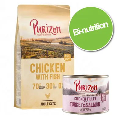 Pack bi-nutrition Purizon Croquettes 400 g + Boîtes 6 x 200 g pour chat - 400 g poulet, poisson + 6 x 200 g filet de poulet, saumon