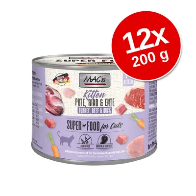 MAC's Kitten pulyka, marha és kacsa macskaeledel, 12×200 g, gabonamentes, magas hústartalom, Made in Germany felirattal