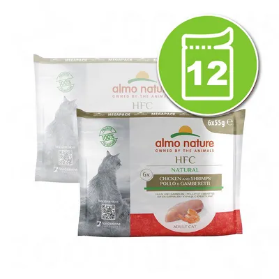 almo nature HFC Natural, 12 sachets de 55 g, poulet et crevettes pour chat adulte. Texte visible : 100 % profits reversés à la nature, 6x55g, chicken and shrimps, pollo e gamberetti.