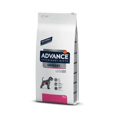 Saco de 12 kg de ração Advance Veterinary Diets Urinary para cães, com imagem de cão e texto visível: New Formula, Low pH, Low Magnesium, Kidney Health.