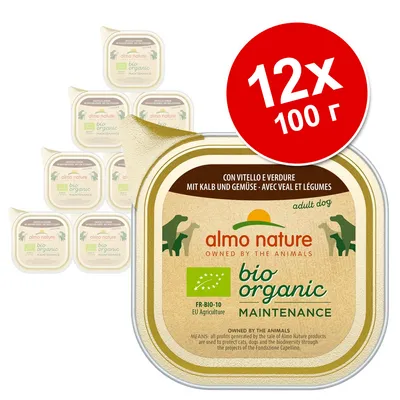almo nature bio organic MAINTENANCE для взрослых собак, 12×100 г, с телятиной и овощами. Эко-сертификат FR-BIO-10 EU Agriculture. Видны упаковки продукта.