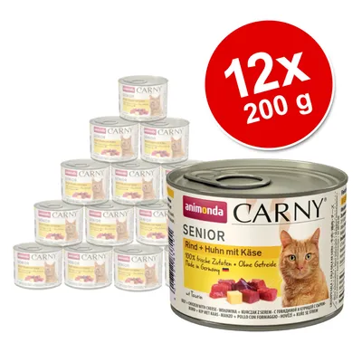Pack de 12 latas de 200 g de Animonda Carny Senior, Rind + Huhn mit Käse. Texto visible: 100% frische Zutaten, Ohne Getreide, Made in Germany. Imagen de un gato en la etiqueta.