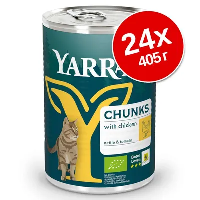 Консерва YARRA CHUNKS with chicken, nettle & tomato, 24×405 г. Видими са био сертификат и Beter Leven 3 звезди.