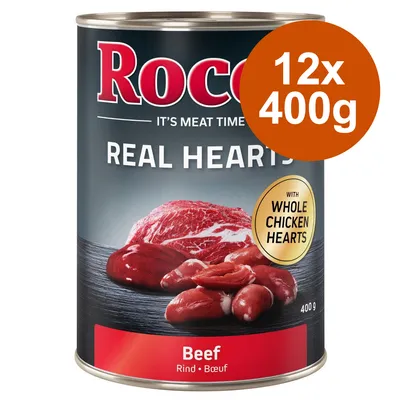 Rocco Real Hearts Rind mit ganzen Hühnerherzen, 12x400g Dose. Produktbild zeigt Fleischstücke und Verpackungsdetails.