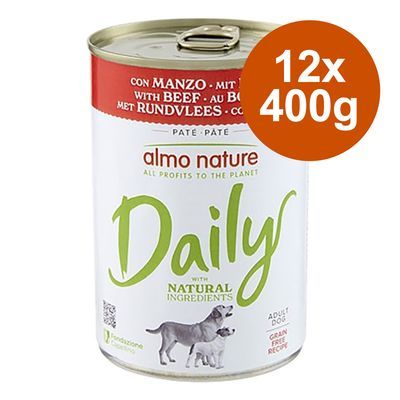 almo nature Daily hondenvoer met rundvlees, paté, 12x400g, met natuurlijke ingrediënten, adult dog, grain free recipe. Tekst op blik en verpakking zichtbaar.