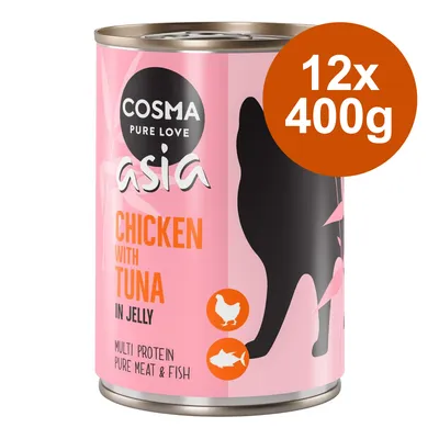 Cosma Asia Chicken with Tuna in Jelly, Multi Protein, Pure Meat & Fish, 12x400g. Verpackung zeigt Silhouette einer Katze und Symbole für Huhn und Fisch.