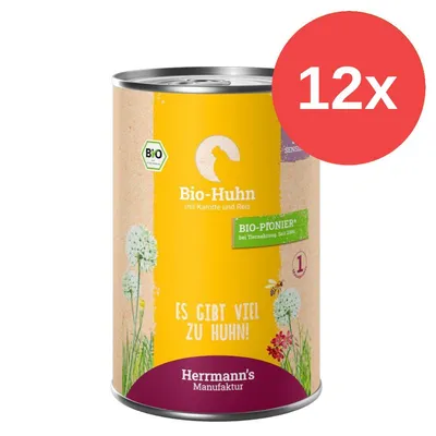 Konzerva Herrmann's Manufaktur Bio-Huhn mit Karotte und Reis, nápis 12x, BIO certifikát, text: Es gibt viel zu Huhn!, BIO-PIONIER bei Tiernahrung Seit 2006