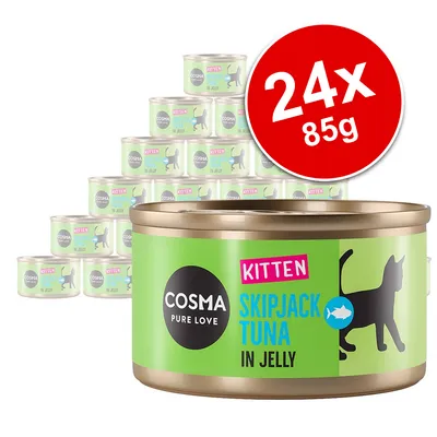 COSMA Pure Love Kitten Skipjack Tuna in Jelly, 24 x 85g tins shown. Green label with black cat graphic and visible product text.