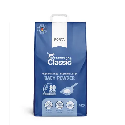 Sacco da 14 kg di lettiera per gatti Porta Cat Care Professional Classic Baby Powder, indicato 80 giorni odour control, 99% dust-free, solid clumps, clean floors. Testo in inglese e tedesco.