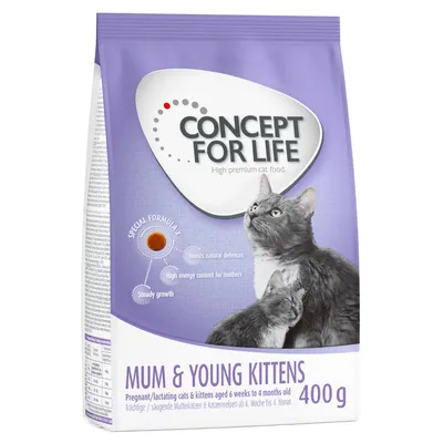 Concept for Life Mum & Young Kittens, croquettes pour chats et chatons, 400 g. Texte visible : boosts natural defences, high energy content for mothers, steady growth.