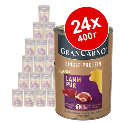 24 консерви по 400 г GranCarno Single Protein Supreme Lamm Pur. Видими надписи: 100% frische Zutaten, 1 Protein Quelle, ohne Getreide ohne Gluten.