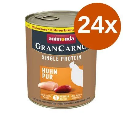 Animonda GranCarno Single Protein Huhn Pur, burk med kycklingmotiv och texten '24x' i orange cirkel. Synlig tysk text: Mit leckerer Hühnerbrühe, 100% frisches Fleisch, ohne Getreide. Animonda GranCarno Single Protein Huhn Pur, burk med kycklingmotiv och texten '24x' i orange cirkel. Synlig tysk text: Mit leckerer Hühnerbrühe, 100% frisches Fleisch, ohne Getreide.