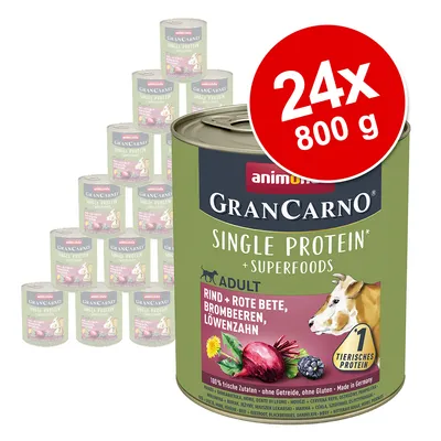 Pack of 24 Animonda GranCarno Single Protein Superfoods Adult cans, each 800g. Contains beef, beetroot, blackberries and dandelion. Label states 100% fresh ingredients, grain and gluten free. Pack of 24 Animonda GranCarno Single Protein Superfoods Adult cans, each 800g. Contains beef, beetroot, blackberries and dandelion. Label states 100% fresh ingredients, grain and gluten free.
