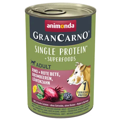 Animonda GranCarno Single Protein Adult, naudanliha punajuurella, karhunvatukoilla ja voikukalla. 100 % tuoreita ainesosia, viljaton, gluteeniton, Made in Germany.