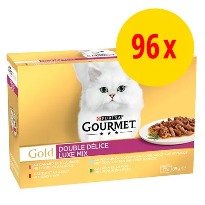 Purina Gourmet Gold Double Délice Luxe Mix, 96 x 85g. Varietà di gusti: anatra e tacchino, manzo e pollo, pesce con spinaci, coniglio e fegato. Purina Gourmet Gold Double Délice Luxe Mix, 96 x 85g. Varietà di gusti: anatra e tacchino, manzo e pollo, pesce con spinaci, coniglio e fegato.