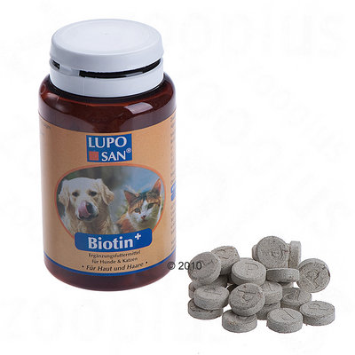 Bottle labelled Biotin Plus with tablets shown beside it, indicating a supplement for skin and hair. Label includes images of a dog and a cat.