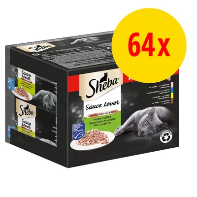 Sheba Sauce Lover kattemad, mix smagsvarianter, 64x portionspakker. Billede viser emballage med skål kattemad og tekst: Feine Vielfalt, Selezione Assortita, Mix smaków.