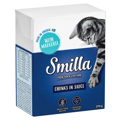 Smilla cibo per gatti, Made in Sweden, con sgombro, bocconcini in salsa, 370 g. Ricetta senza cereali, contiene taurina.