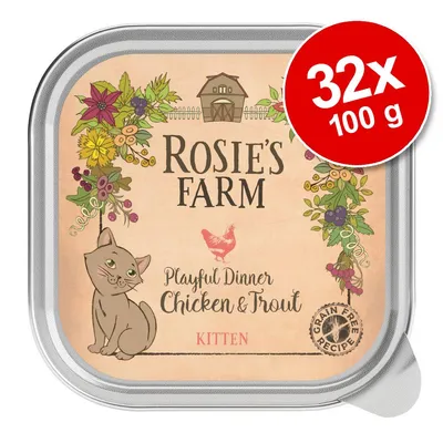 Rosie's Farm Playful Dinner Chicken & Trout Kitten natvoer, graanvrij recept. Verpakking toont 32x100 g porties voor kittens.
