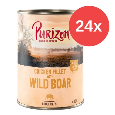 Purizon Chicken Fillet with Wild Boar, 45% filete de pollo, para gatos adultos, lata de 400g, paquete de 24 unidades.