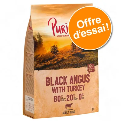 Purizon Black Angus with Turkey pour chiens adultes, 80 % viande, 20 % fruits/légumes/herbes, 0 % gluten ajouté, offre d’essai, sac de 1 kg, 39 % protéines visibles sur l’emballage.