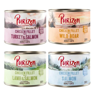 Purizon Adult 12 x 200 g comida húmeda para gatos, sin cereales - Pack ahorro - Pack mixto: 2 salmón, 2 jabalí, 1 cordero y salmón, 1 pavo y salmón