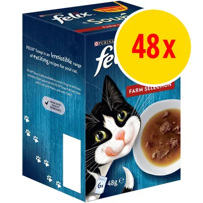 Box of Felix Soup Farm Selection with a large yellow circle showing 48x, made with quality ingredients, each pack contains 6 portions of 48g.