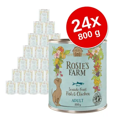 Rosie’s Farm Seaside Feast Fish & Chicken ADULT 24 x 800 g – zestaw puszek z karmą dla psów, widoczna etykieta i oznaczenie Grain Free Recipe.