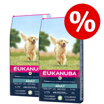 Zwei Eukanuba Adult Trockenfutter-Packungen mit großem Prozentzeichen für Rabattaktion. Sichtbare Angaben: Premium dry food, Large breed, ab 18 Monaten, XL Giant breed. Zwei Eukanuba Adult Trockenfutter-Packungen mit großem Prozentzeichen für Rabattaktion. Sichtbare Angaben: Premium dry food, Large breed, ab 18 Monaten, XL Giant breed.