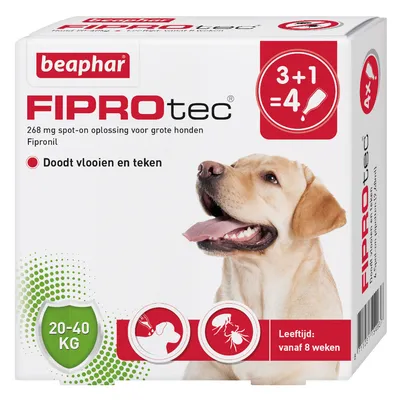Beaphar FiproTec Vlooien- en Tekendruppels Hond 20-40 kg - 4 Pipetten x 2,68 ml  (nu extra voordelig vanwege korte t.h.t.-datum!)