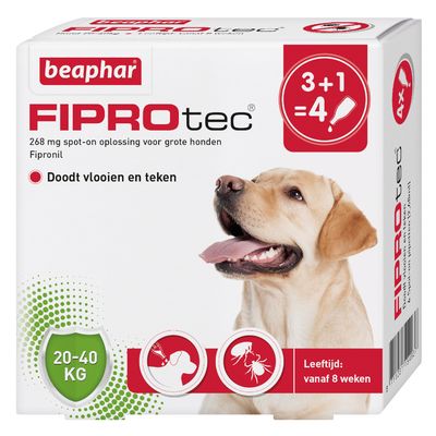 Beaphar FiproTec Vlooien- en Tekendruppels Hond 20-40 kg 4 Pipetten x 2,68 ml  (nu extra voordelig vanwege korte t.h.t.-datum!)