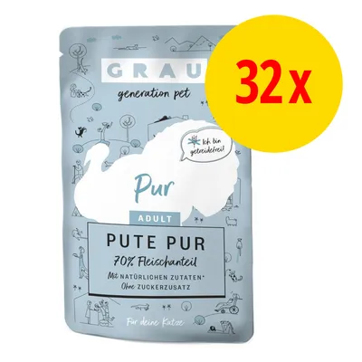 Grau Pute Pur Adult, 70% Fleischanteil, mit natürlichen Zutaten, ohne Zuckerzusatz, getreidefrei. Für deine Katze. Packung mit 32 Stück.