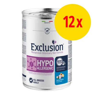 Exclusion Hypoallergenic Monoprotein Veterinary Diet Formula, Fisch & Kartoffel, für erwachsene Hunde aller Rassen. Made in Italy. Packung mit 12 Dosen. Exclusion Hypoallergenic Monoprotein Veterinary Diet Formula, Fisch & Kartoffel, für erwachsene Hunde aller Rassen. Made in Italy. Packung mit 12 Dosen.
