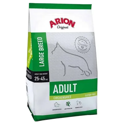 Arion Original Large Breed Adult Chicken & Rice, gluten-free. Til voksne hunde 25–45 kg. Tekst: Increased activity, Joint protection, Probiotic effect. Premium Quality Product.