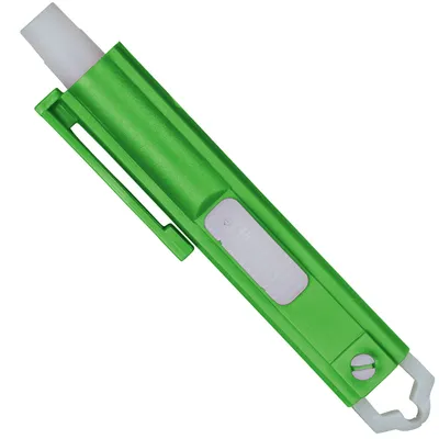 Groene kunststof tekentang met schuifmechanisme en clip, wit uiteinde en haakvormig handvat zichtbaar.