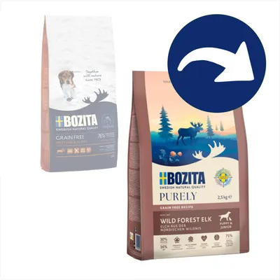 Bozita Purely Grain Free Rezeptur. Wild Forest Elk, Elch aus der nordischen Wildnis. Puppy & Junior. 2,5kg. Protein 30%, Fett 16%, 71% tierische Zutaten.