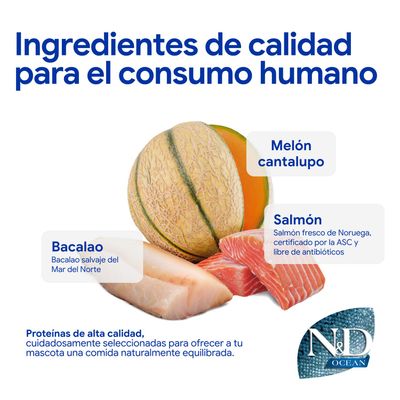Ingredientes: Melón Cantalupo, bacalao del Mar del Norte, salmón noruego fresco certificado por ASC y sin antibióticos. Proteínas de alta calidad para una alimentación equilibrada para mascotas. N&D Ocean.