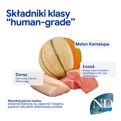 Składniki w jakości spożywczej: melon kantalupa, dorsz z Morza Północnego, norweski łosoś z certyfikatem ASC, bez antybiotyków. Wysokiej jakości białko dla zbilansowanych posiłków.