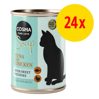 COSMA PURE LOVE Soup TUNA AND CHICKEN WITH SWEET POTATOES IN DELICATE BROTH, Grain Free Recipe, silueta kočky, balení 24x