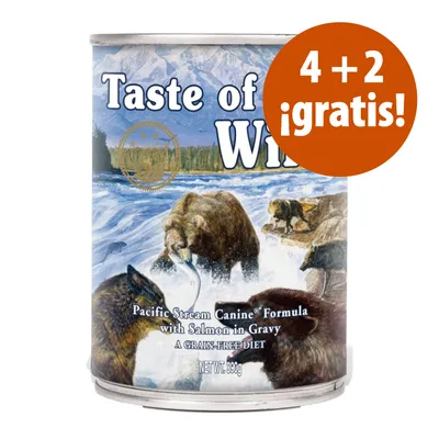 Taste of the Wild Pacific Stream Canine Formula with Salmon in Gravy, lata de 390 g. Oferta: 4 + 2 gratis.