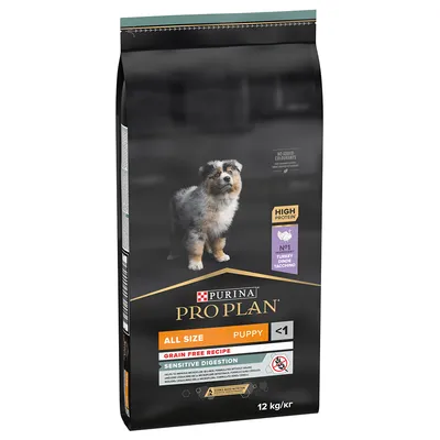 Sac hrană Purina Pro Plan All Size Puppy Sensitive Digestion, Grain Free Recipe, High Protein, No1 Turkey, 12 kg. Text în engleză pe ambalaj: pentru căței, fără cereale, digestie sensibilă.