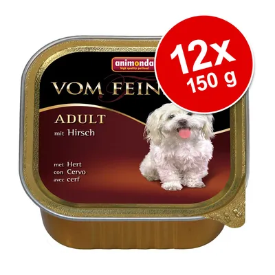 animonda Vom Feinsten ADULT mit Hirsch, pack de 12 x 150 g. Imagen de envase con perro pequeño blanco en la etiqueta. Texto visible en varios idiomas: con ciervo, met Hert, avec cerf.
