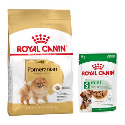 Royal Canin Breed Dry Dog Food + Royal Canin Wet Dog Food - 15% Off! * - Pomeranian Adult (3kg) + Mini Adult in Gravy (12 x 85g)