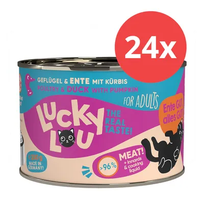 Lucky Lou ave y pato con calabaza, para adultos, 200g Made in Germany, >96% carne, vísceras y caldo de cocción. Paquete con 24 latas.