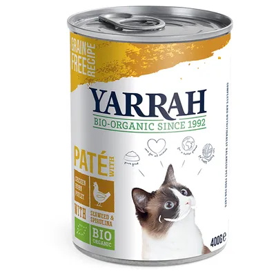 Yarrah Bio-Organic Since 1992, Paté with chicken & seaweed & spirulina, grain free recipe, bio organic, 400 g kissan märkäruokapurkki. Kansi metallia.