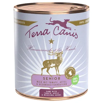 Terra Canis Senior, dziczyzna z pomidorem, jabłkiem i ziołami zdrowotnymi. 100% naturalne składniki. Tekst w języku niemieckim i angielskim na opakowaniu.